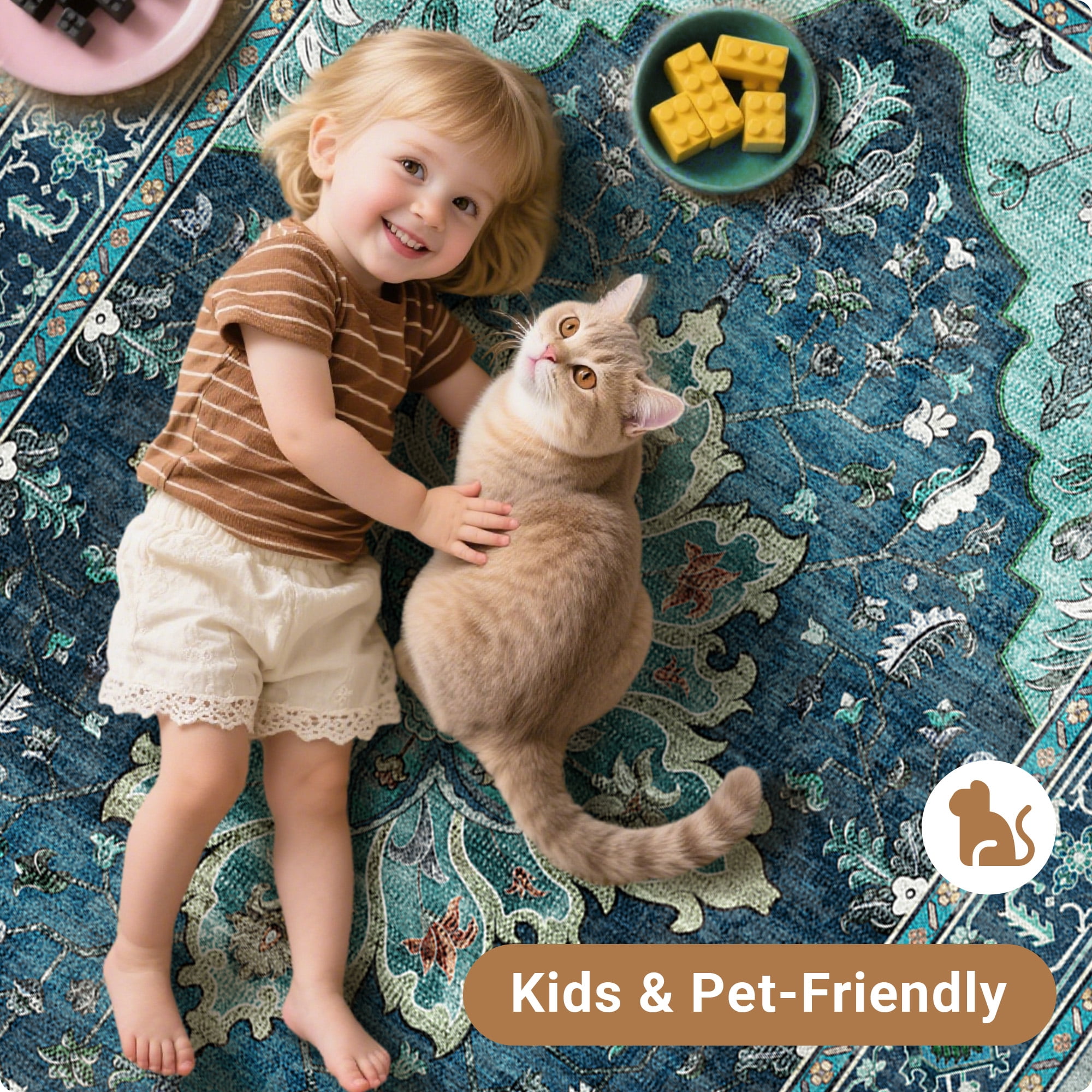 NewBuros 8'x10' Washable Area Rug for Living Room, Non Slip Vintage Distress Print Pattern Floral Rug, Soft Low Pile Indoor Carpet for Bedroom Dining Room, Teal Green