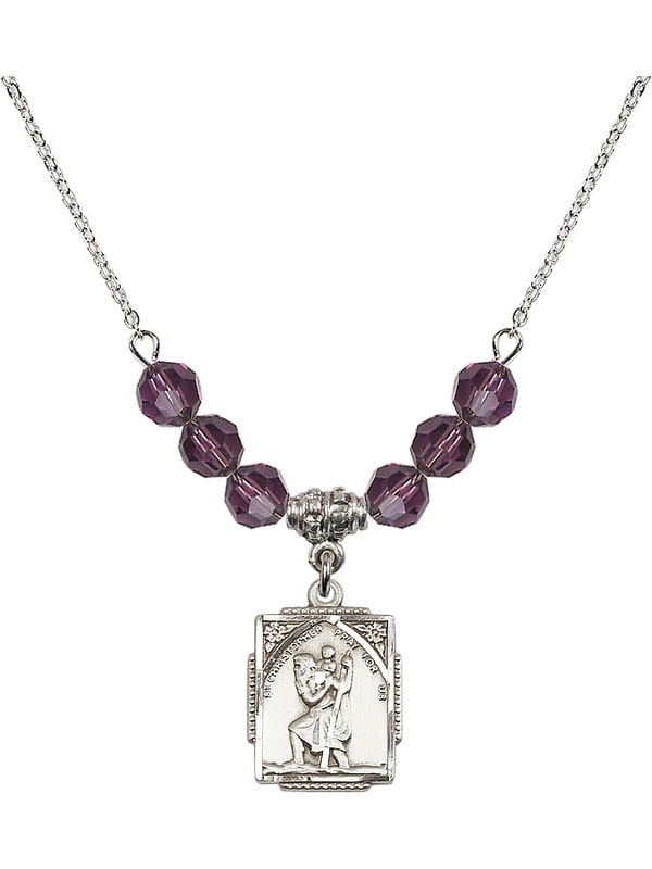 Bonyak Jewelry 18 Inch Rhodium Plated Necklace w/ 6mm Purple February Birth Month Stone Beads and Saint Christopher/Archery Charm 
