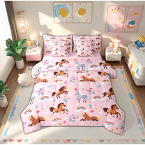 Manfei Farm Animal Horse 7-Piece Twin Bedding Sets,Rustic Farmhouse Cabin Bedding Comforter Set,Multicolor Flower Floral Cartoon Rainbow Sheet Sets For Girl Kids,Ultra Soft Home Decor Reversible