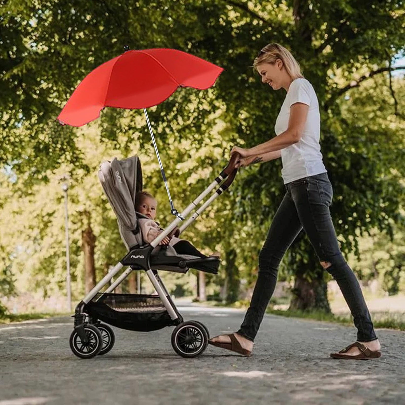 Universal Stroller Umbrella, UPF 50+ Baby Pram Parasol With 360° Rotatable Clip, For Strollers, Beach Chairs & Wheelchairs(Watermelon Red)