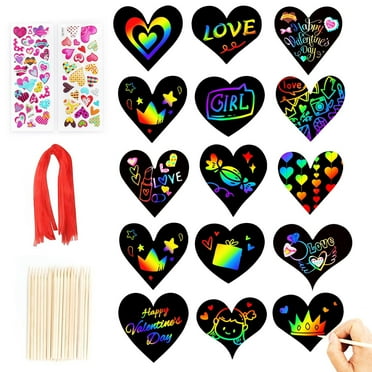 Rainbow Heart Scratch Art Kit - Valentines DIY Activity Set for Kids - 28 Piece Scratch Paper Ornaments - School Valentines Day Gifts