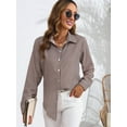thumbnail image 4 of Womens Button Down Shirts Casual Long Sleeve Plaid Graphic Shirts Trendy Collared Loose Blouse Tops Coffee Color M, 4 of 6