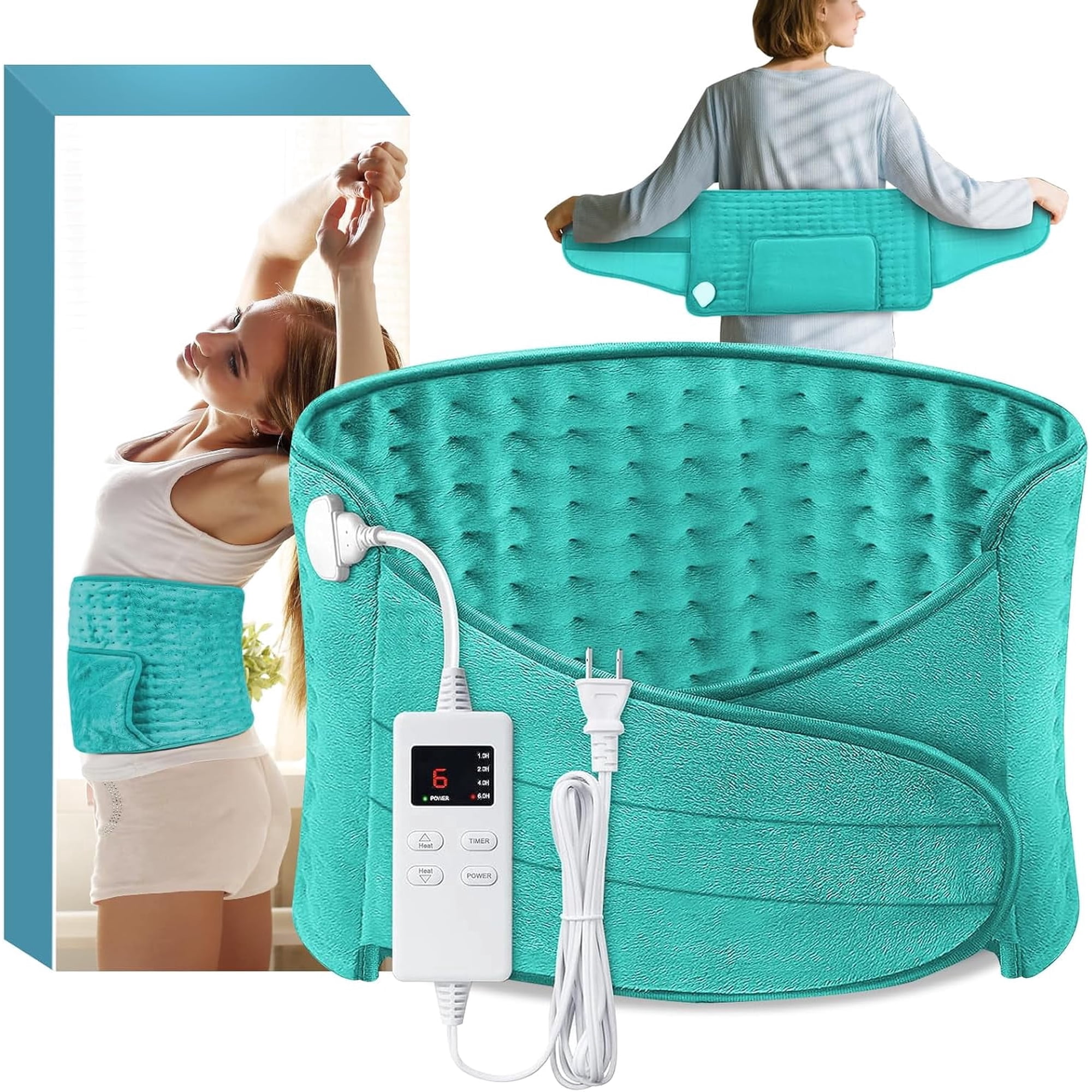COCOBELA Heating Pad Back Pain Relief Electric Heating Pad for Period Cramps Lower Back Neck Shoulders Pain Relief 6-Hour Auto off 12x24 Heated Pad + 20" Belt 4 Timer 6 Heat Level Wrap (Lake Blue)