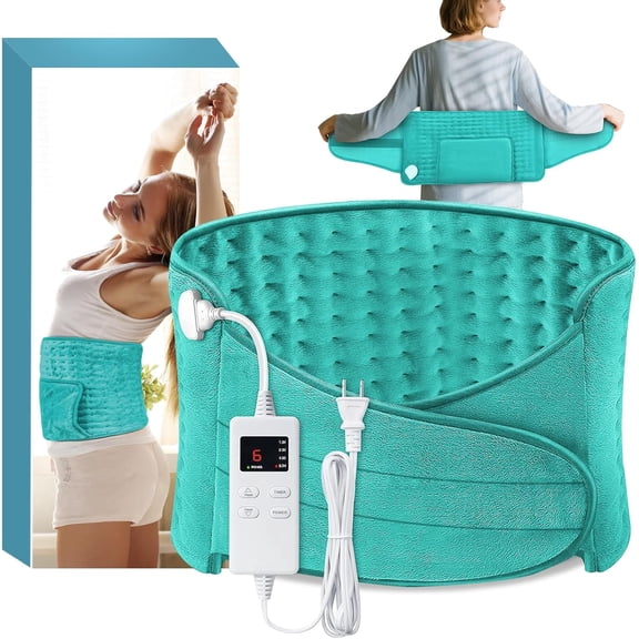 COCOBELA Heating Pad Back Pain Relief Electric Heating Pad for Period Cramps Lower Back Neck Shoulders Pain Relief 6-Hour Auto off 12x24 Heated Pad 20" Belt 4 Timer 6 Heat Level Wrap (Lake Blue)