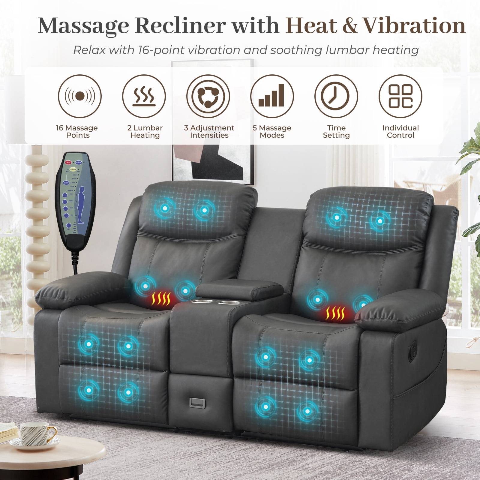 Loveseat Recliner Sofa, PU Leather Sofa Couch, Manual Recliner Loveseat with Console, Double Reclining RV Sofa with Cup Holders and Side Pocket for Living Room/Office/Apartment