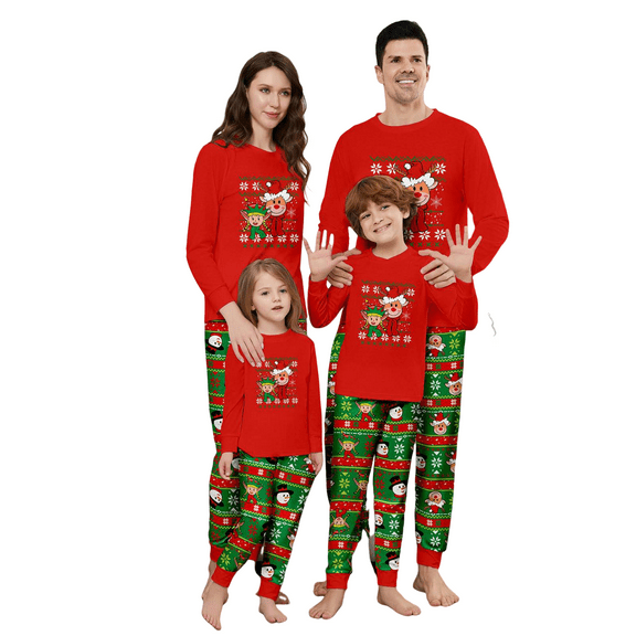 Onlypjs Family Matching Christmas Pajamas – Red Elf & Reindeer Print Long Sleeve Top and Festive Green Pattern Pants for Women, Men