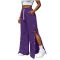 thumbnail image 4 of JIAYUE Women's Pants Casual Solid Color Drawstring With Pockets Button Design And Side Slit Long Sweatpants For Daily Lightweight Fashion Beach Vocation Wear, 4 of 9
