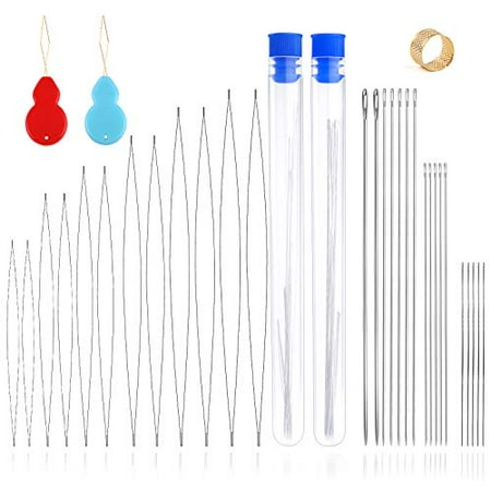 Jupean 33 Pieces Beading Needles Set, Assorted Size Beading Needles Big Eye Beading Needles Long Straight Beading Needles with Thimble, Needle Threaders, Needle Bottles