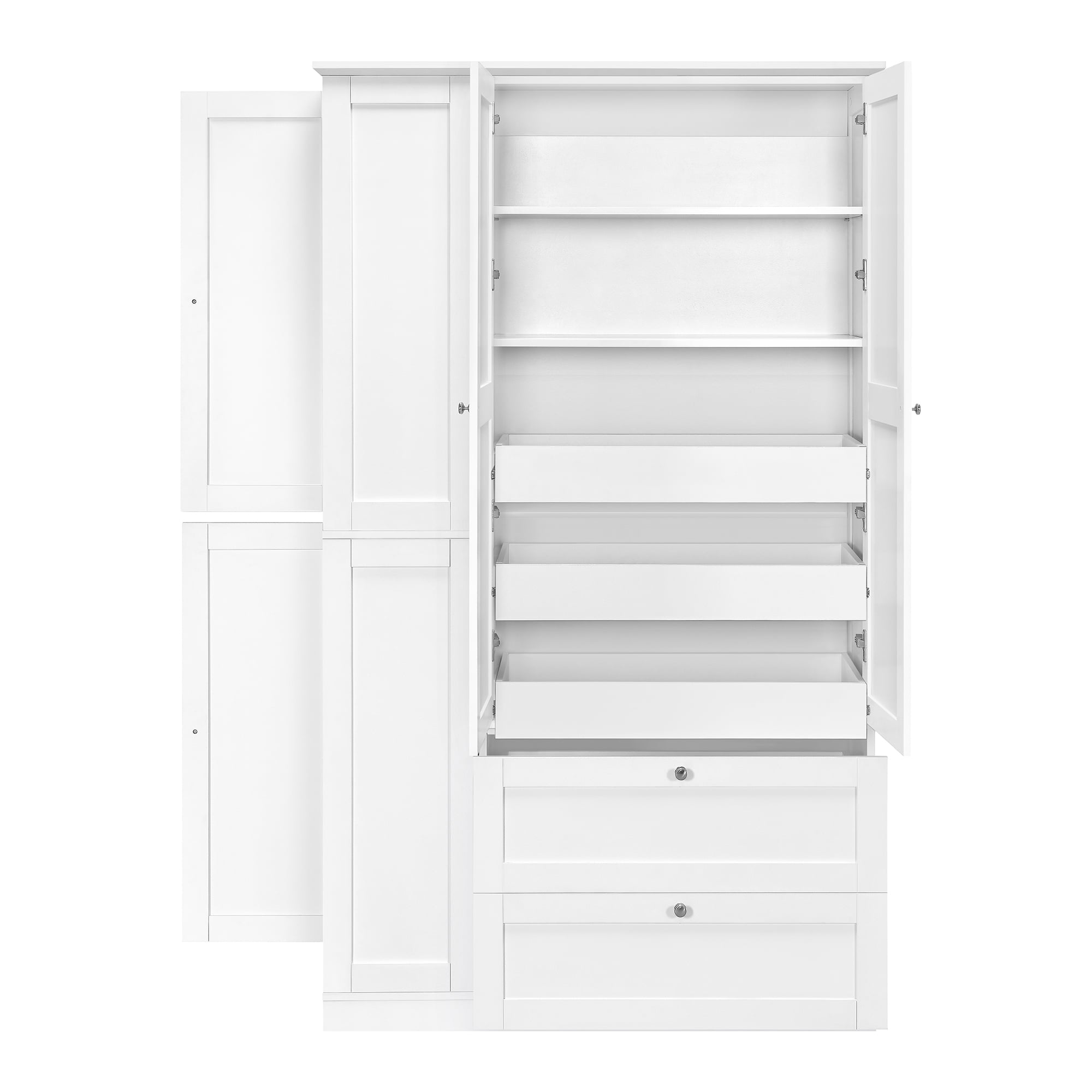 Euroco 73.6" Tall Farmhouse Kitchen Pantry Cabinet, Freestanding Hutch Cabinet with 2 Drawers, 3 Pull-Out Trays & Side Cabinets,Food Pantry for Dining Room,White