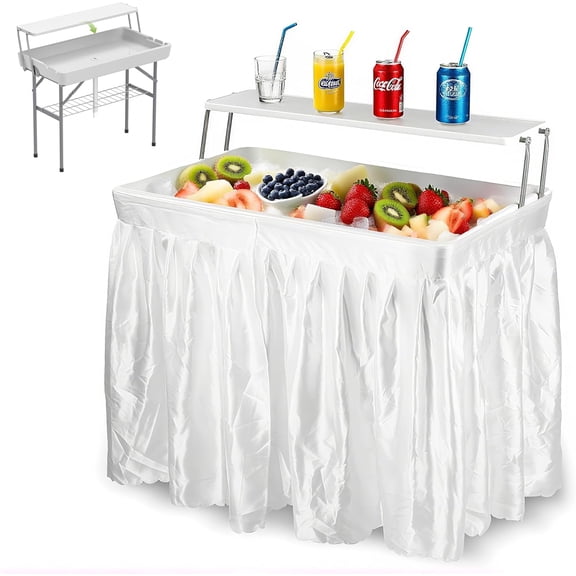 Open Box GENERIC FOLDING PARTY ICE COOLER TABLE WITH EXTRA STORAGE SHELF PORTABLE - WHITE