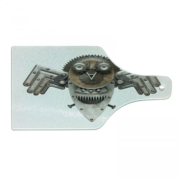 Industrial Cutting Board, Collage with Owl Cog Hardware Gear Machinery Animal Print, Decorative Tempered Glass Cutting and Serving Board, Wine Bottle Shape, Grey White Brown, by Ambesonne