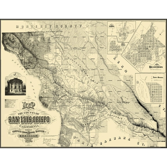 Historic County Map- San Luis Obispo County California - Harris 1874 - Vintage Wall Art