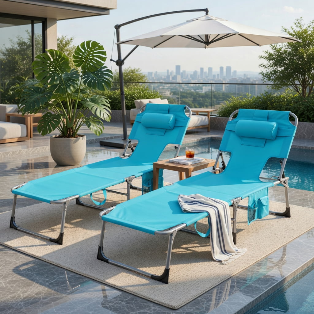 Hommoo Turquoise Folding Beach Lounge Chair with Adjustable Backrest, Carry Strap & Removable Pillow, Heavy-Duty Aluminum Frame, Perfect for Beach, Pool, Patio & Outdoor Relaxation