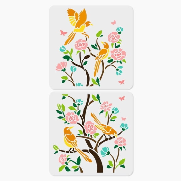 2pcs 11.8"x11.8" Chinoiserie Magpie on Tree Branch Wall Stencil Templates Birds and Flower Reusable Plastic Stencil for Painting on Wood Floor Tile Fabric Glass Furniture DIY Home Decor