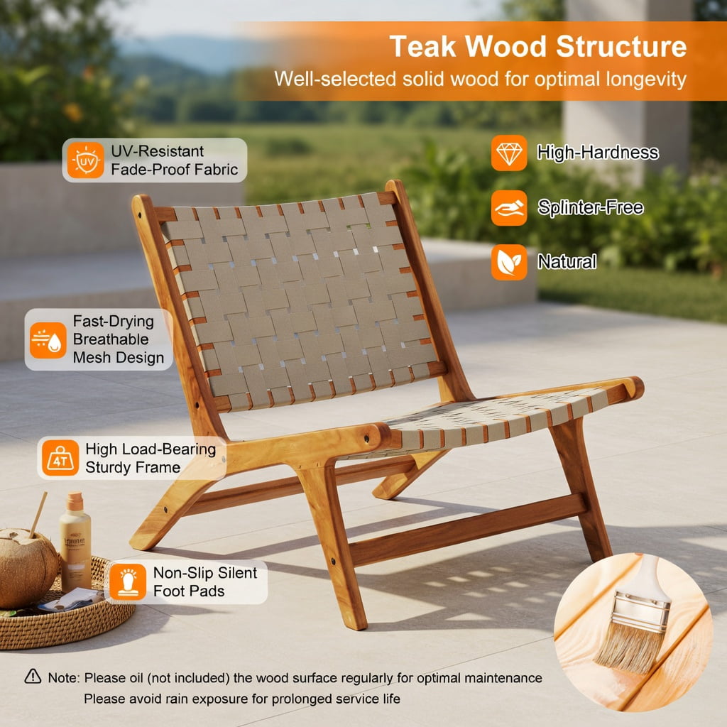 Hommoo Mid-Century Modern Teak Wood Outdoor Accent Chair with Breathable Nylon Webbing Seat, Wood & Gray Design, Indoor/Outdoor Use, Natural