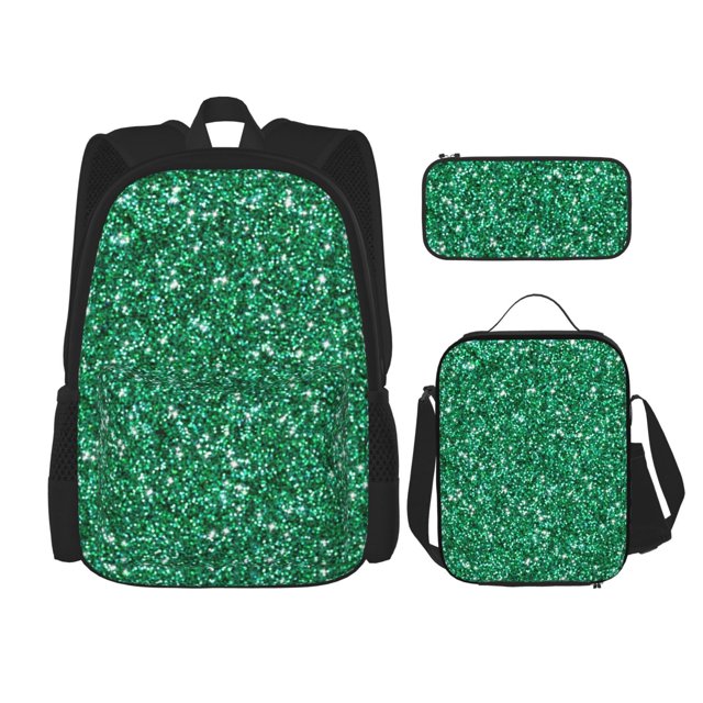 Easygdp Green Glitter Mochila para Niños y Niñas con Set de Caja de Almuerzo y Estuche para Lápices 3 en 1, Mochila Escolar Estampada para Adolescentes