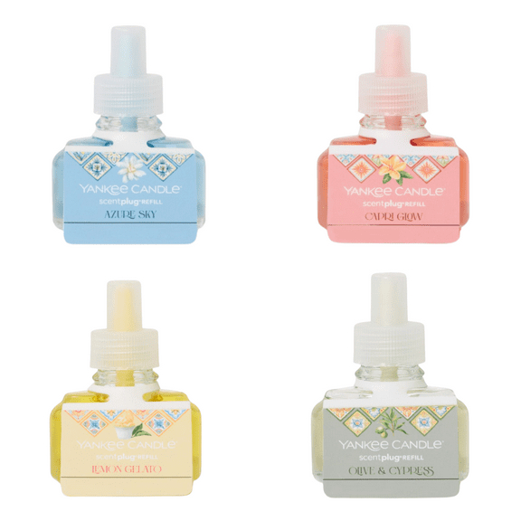 Yankee Candle Scent Plug Refill, Hello Italy Collection, Azure Sky, Capri Glow, Lemon Gelato, and Olive & Cypress (Pack of 4)