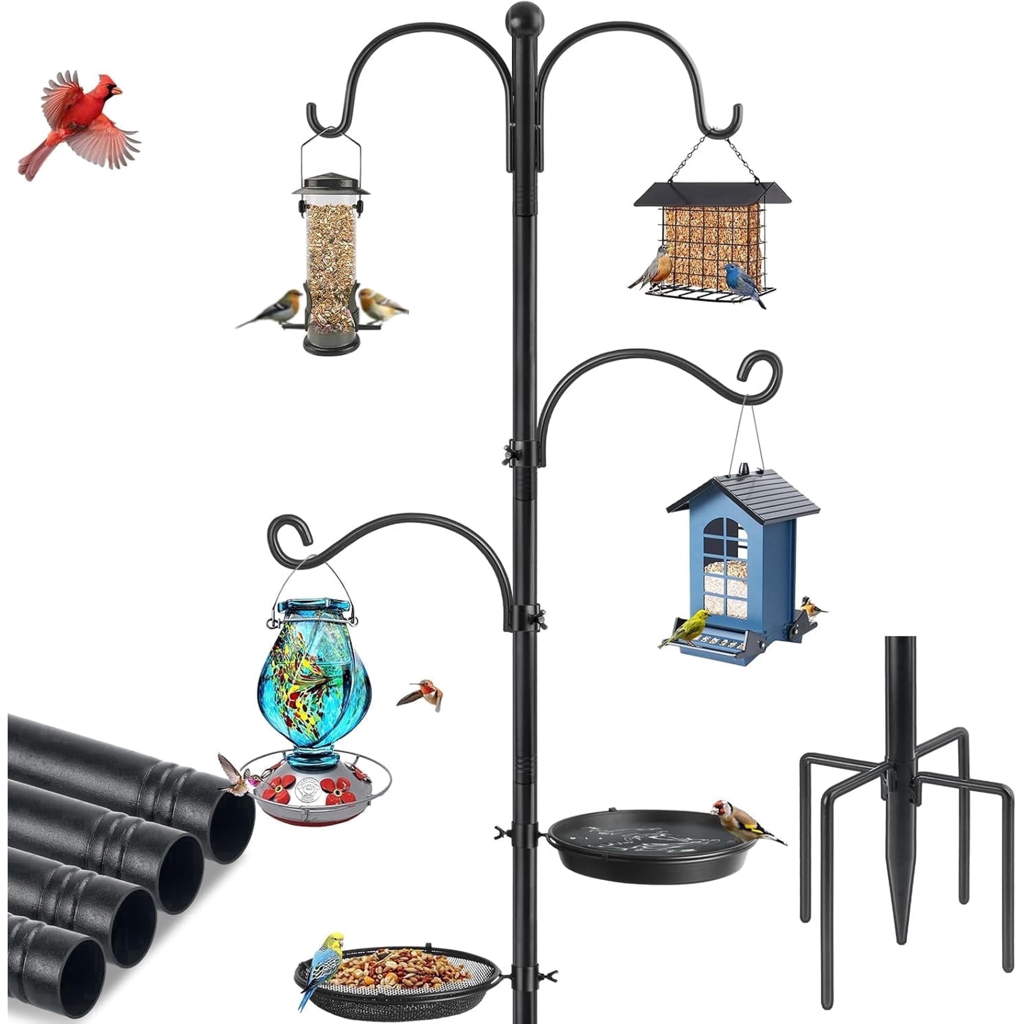 KOLAKO Bird Feeder Pole, Heavy Duty Bird Feeding Station, Shepherds Hooks for Outdoor with 4 Hooks, Water Bowl and Birds Seed Tray 88 inch