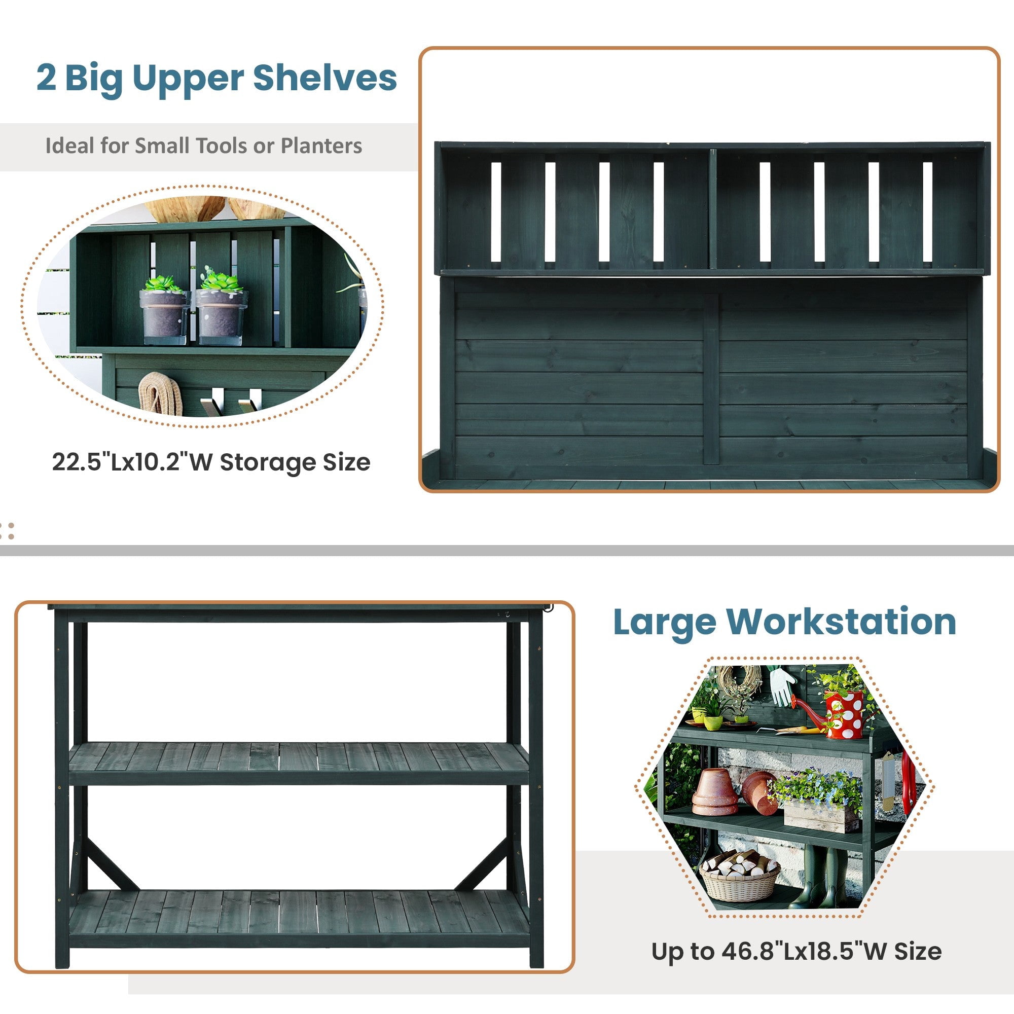 Sailvan 65" Farmhouse Wooden Outdoor Potting Bench Table,Large Patio Kitchen Island Garden Workstation with 4 Shelves and Hooks,Fir Wood Green