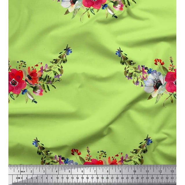 Soimoi Poly Georgette Fabric Leaves & Anemone Flower Print Fabric by Yard 42 Inch Wide