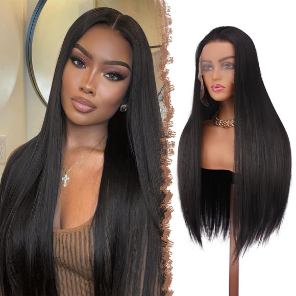 FESHFEN 13x4 Lace Front Wig - 30 inch Long Straight Natural Black Wigs Glueless Hair Wig for Black Women Synthetic Heat Resistant Pre Plucked Wig for Daily