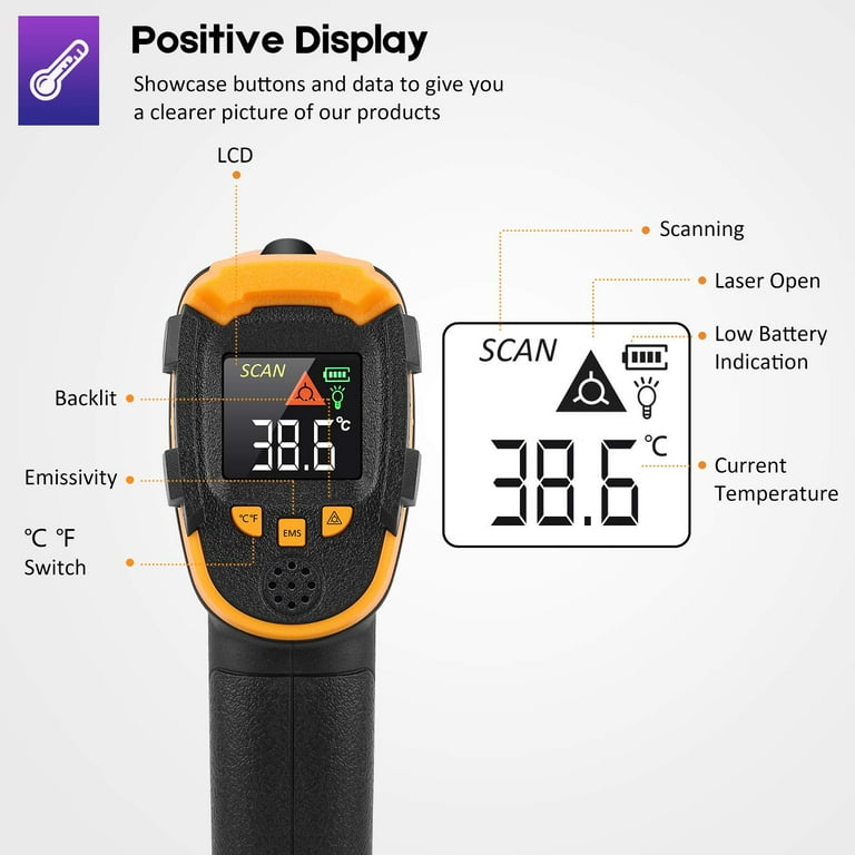 50400 /-58752 Colorful Screen Infrared Thermometer IR Laser Thermometer  Handheld Non-Contact Digital Temperature Tester Pyrometer Temperature Gun  for Kitchen Cooking BBQ Chocolate Pizza 