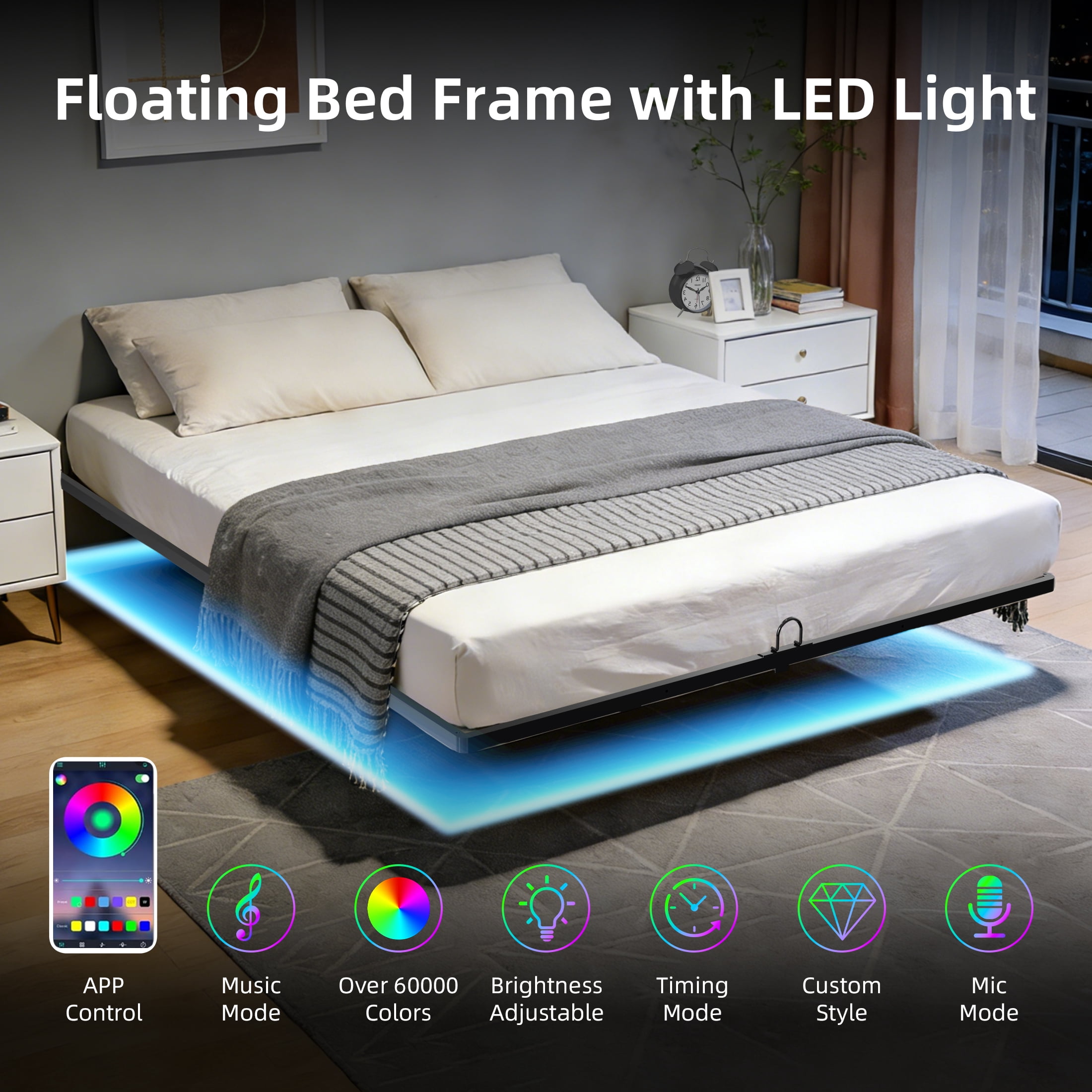 Awesofurni Full Size Floating Bed Frame with Smart LED Lights, Heavy Duty Modern Metal Platform Bed Frame, Easy Assembly, No Box Spring Needed,Noise-Free