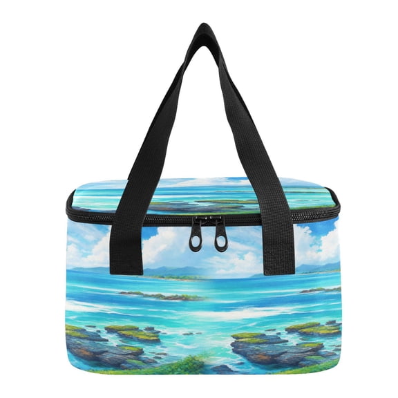 6L Insulated Lunch Bag Square Handheld Cooler Tote Summer Ocean Coastline Landscape Reusable Thermal Bag with Polyester & Aluminum Lining for Work Picnic Travel