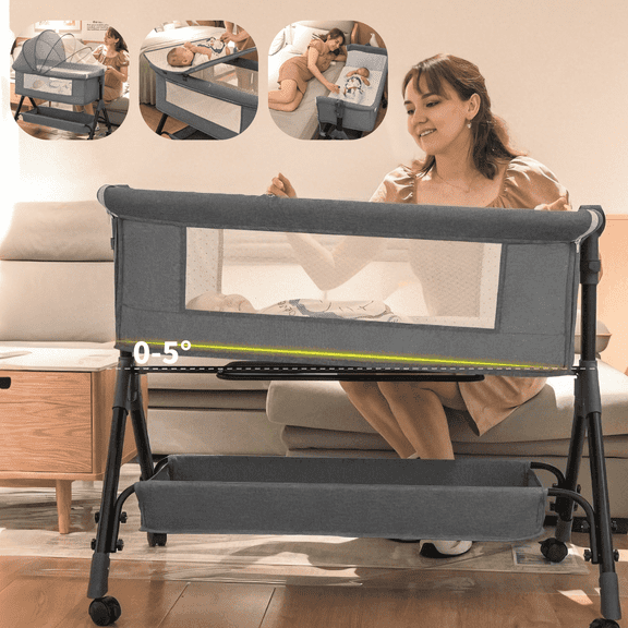 M-b-aby-m 4 in 1 Baby Bedside Bed,Portable Newborn Cribs with Changing Table,Rocking Infant Bed with Mosquito Net,Height Adjustable,Unisex,Grey