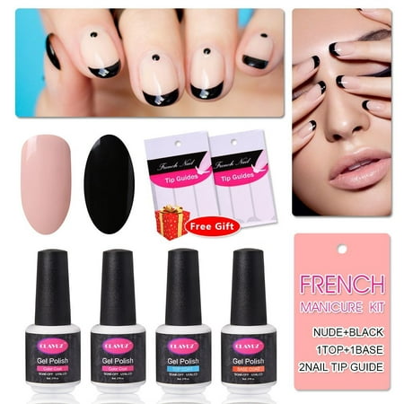 CLAVUZ French Manicure Nail Gel Polish Top and Base Coat Pink Black DIY Nail Art at Home Free Nail Sticker,8ml Long Lasting