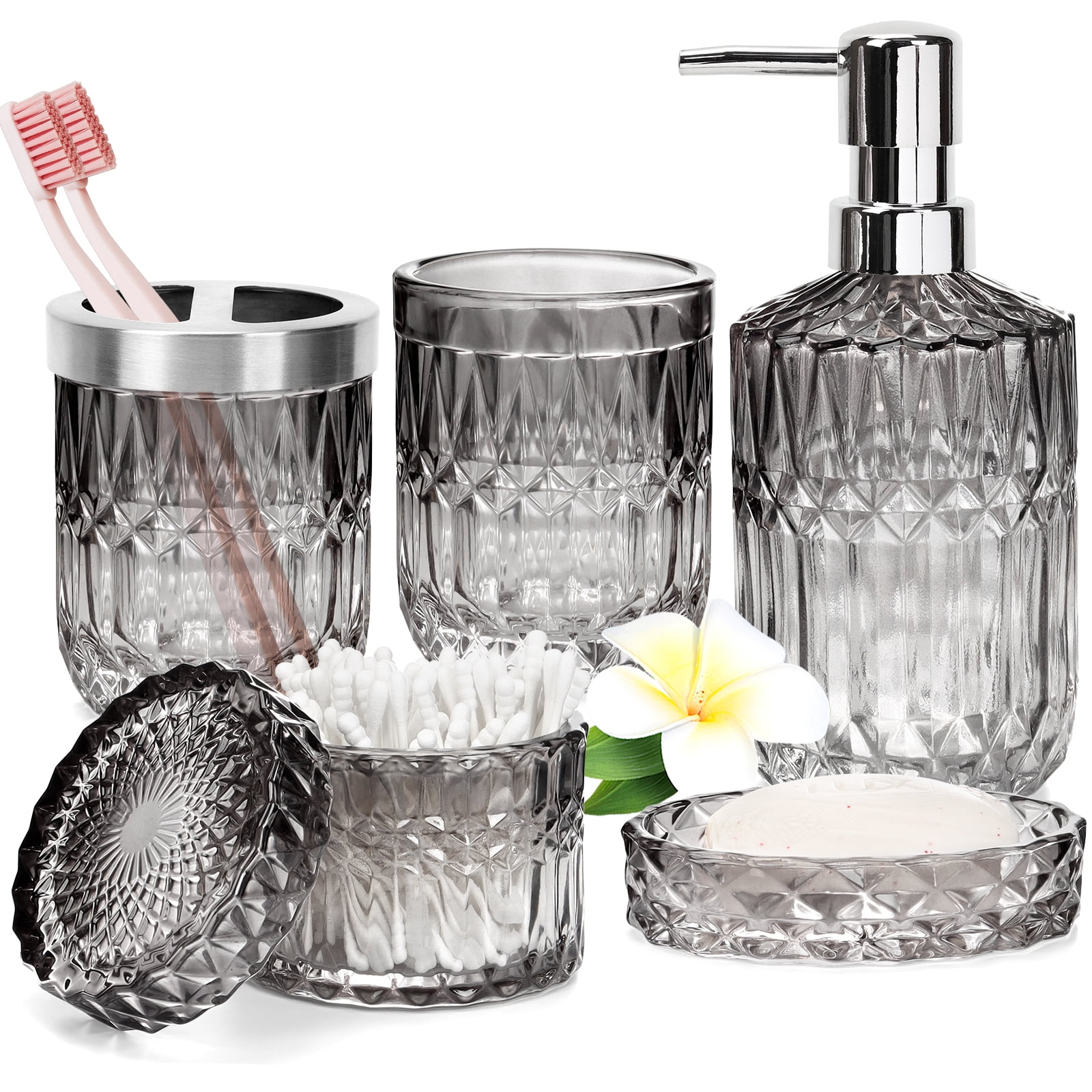 AOMOTA 5Pcs Bathroom Accessories Set, Modern Glass Bathroom Accessories with Lotion Soap Dispenser, Soap Dish, Toothbrush Holder, Tumbler, Cotton Swab Jars, Perfect for Bathroom Theme Gift,Black