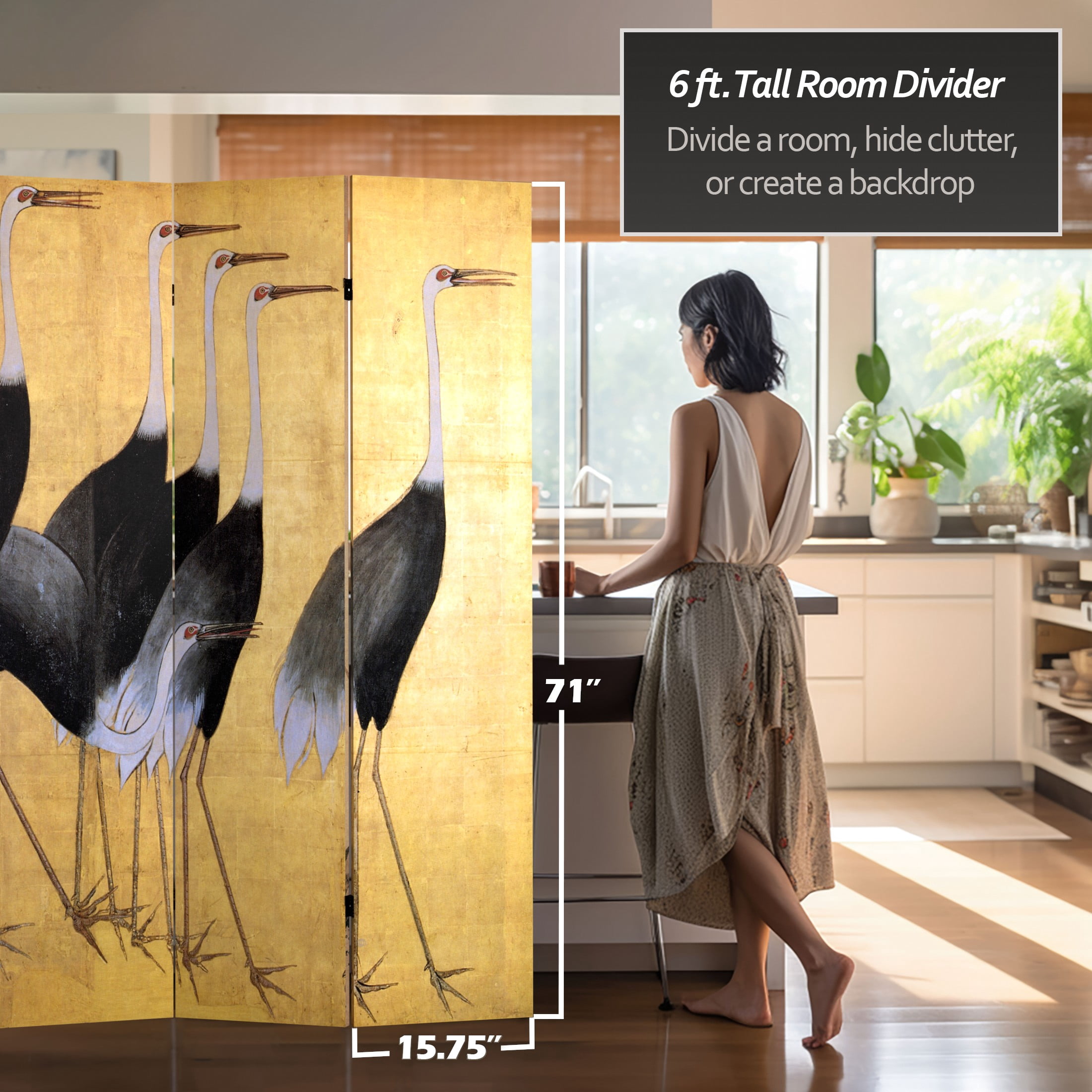 Oriental Furniture 6 ft. Tall Double Sided Cranes Room Divider - 4 Panel