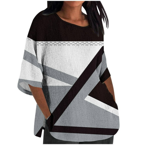 Patlollav Womens Fashion Casual Cropped 3/4 Sleeve Printing Cotton Loose Shirt Blouse Ladies Tops Up to 50% off