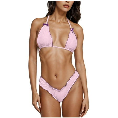 ZQGJB Women Y2k Bikinis Sets Lace up Coquette Aesthetic Bows Halter Tie Up Bikini Top High Cut Elastic Waist Bikini Bottom(Pink L)