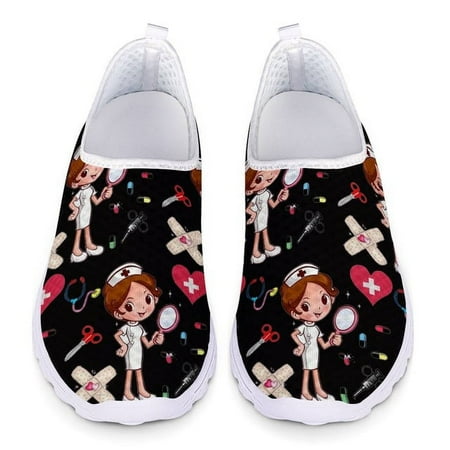 

FORUDESIGNS Cartoon Nurse/Premium Sketch Print Women s Casual Shoes Flats Beach Comfortable Mesh Slip-on Brand Women Sneakers