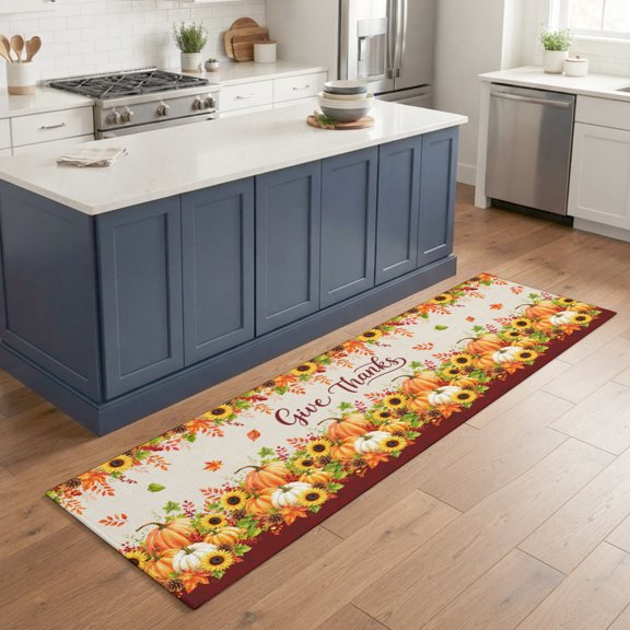 Hallway Runner Rug 2'x6', Thanksgiving Kitchen Runner Rugs Non-Slip Carpet Mats, Fall Boho Pumpkin Maple Leaves Sunflowers Bedside Rugs Runners Washable Floor Carpet for Bathroom Laundry Room