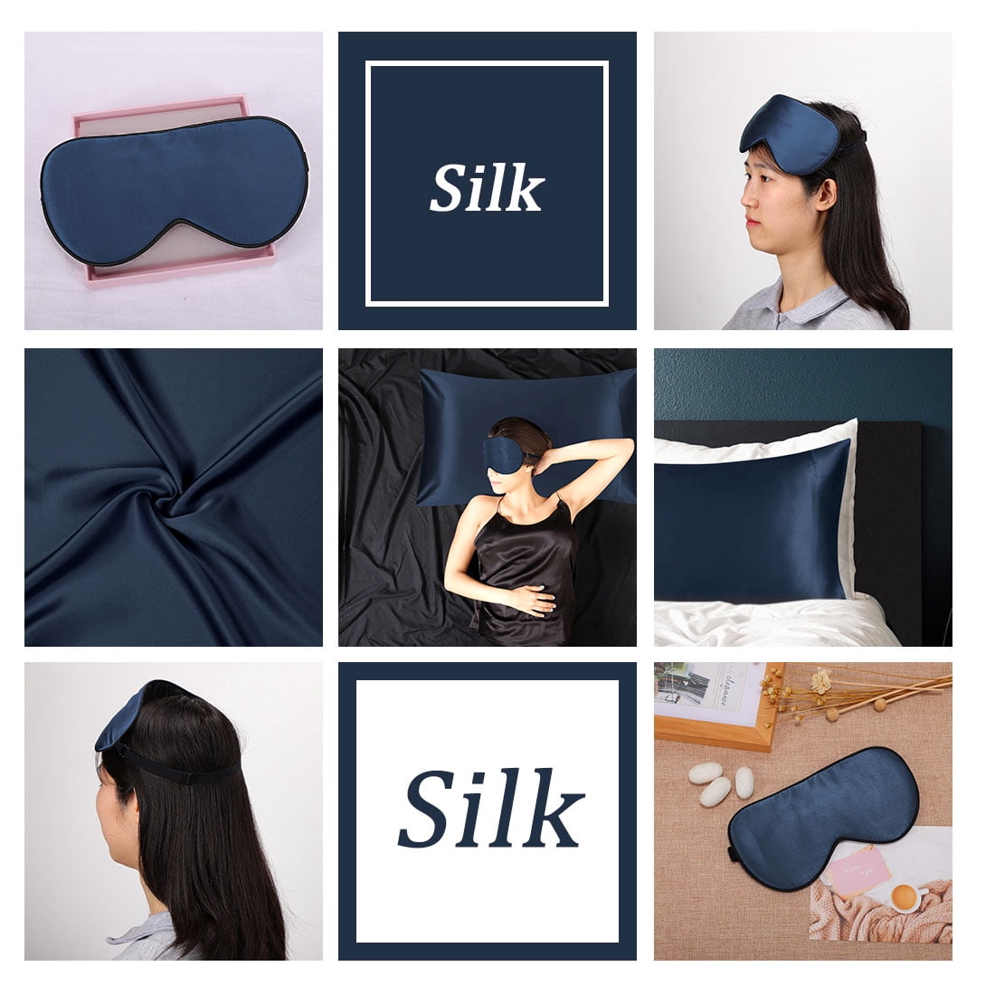 PiccoCasa 2 Pcs Silk Pillowcase Both Sides Silk + 2 Pcs Eye Mask for Hair and Skin with Envelope Closure Queen Navy Blue