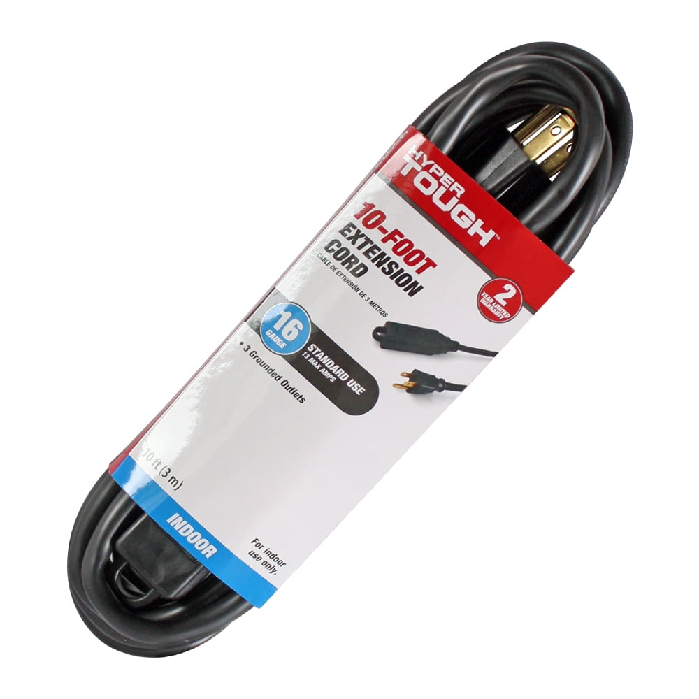 Hyper Tough 10FT 16AWG 3 Prong Black Indoor 3Outlet Extension Cord