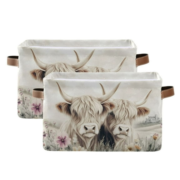 Ryvnso Highland Cattle in Field Storage Basket Large Bin Foldable Boxes Toys Organizer 14.2x10.2x8.3in 2 PCs