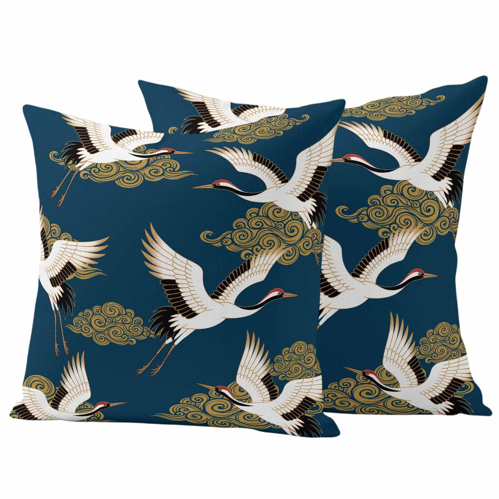White Crane Outdoor Waterproof Throw Pillow Covers 18x18 Set of 2, Vintage Chinese Cloud Art Blue Gold Decorative Pillowcases Cushion Pillowcase for Couch Sofa Patio Outside Pillow Protector