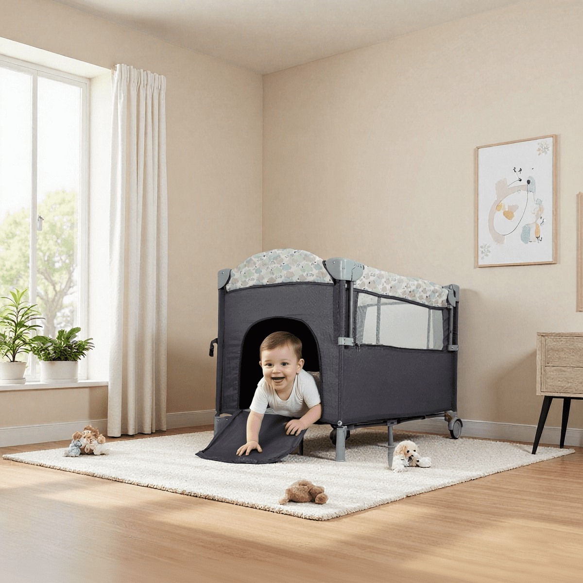 Pack and Play with Bassinet 4-in-1 Baby Playard with Changing Table Wheels Music Box,Foldable Playard for Baby Toddler(Black)