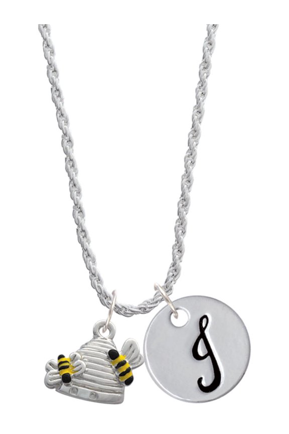 Silvertone Beehive with 2 Bumble Bees Silvertone Script Initial Disc - J - Charm Necklace, 20"+3"