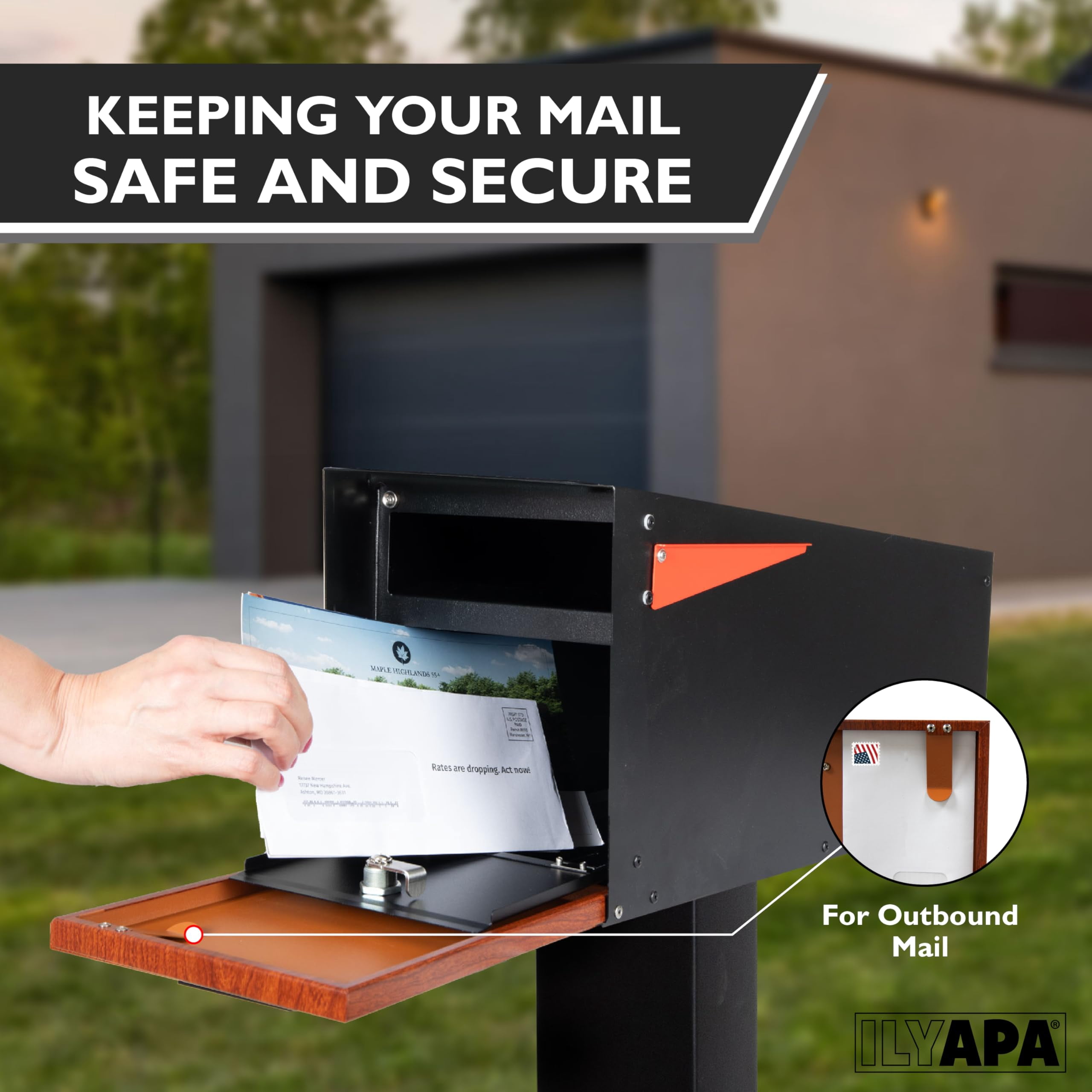 Ilyapa Locking Mailbox with Lock and Key Modern Mailboxes for Outside Post Mount - Black Powder Coated Steel & Printed Redwood Trim, All Weather