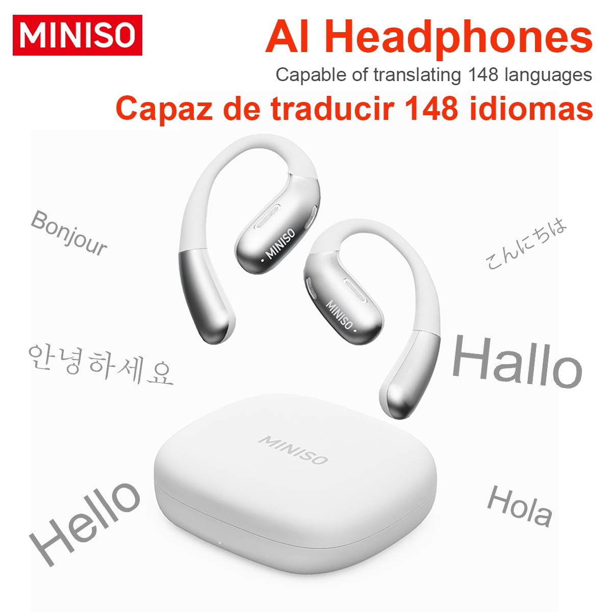 MINISO X28 Wireless Bluetooth 5.4 Earbuds Headphones, Open-Ear Design, AI Translator, 130+ Languages, 40H Playtime, IPX5 Waterproof,Beige White