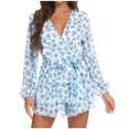 thumbnail image 2 of Ichuanyi Women Floral Printed Beach Jumpsuits Deep V-Neck Long Sleeve Bandage Knot Ruffle Hem Floral Rompers, 2 of 9