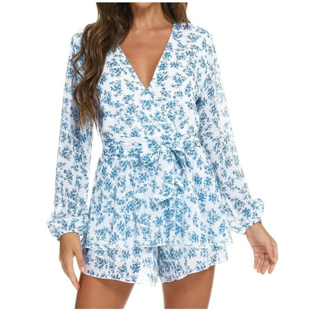 

FRSASU Plus Size Long Sleeve clearance Women Floral Printed Beach Jumpsuits Deep V-Neck Long Sleeve Bandage Knot Ruffle Hem Floral Rompers Blue 8(L)