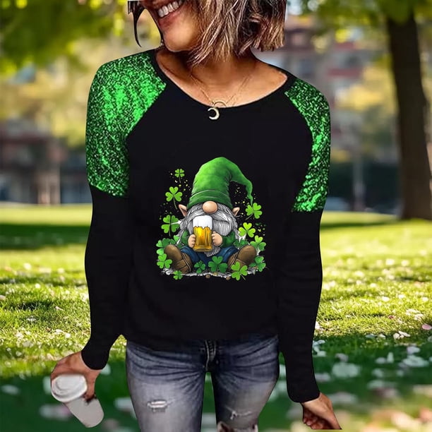 RKSTN Women's St Patrick's Day T Shirts Top Oversized Crewneck Glitter Luckys Irish Shamrocks Paddy's Day Graphic Print Long Sleeve Shirt Womens Casual Plus Size Round Neck Loose Fits Comfy Tees