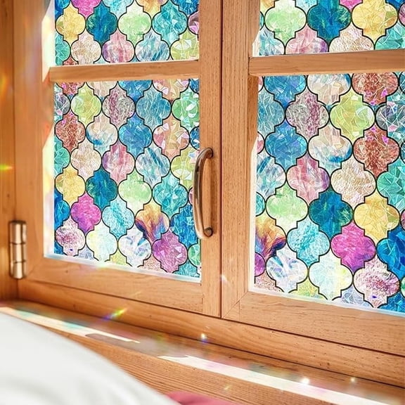 Fancy-Fix Colorful glass privacy window film, 3D privacy decorative window film, bathroom,thermal control sunshade window film, clover 17.3"x 78.7"