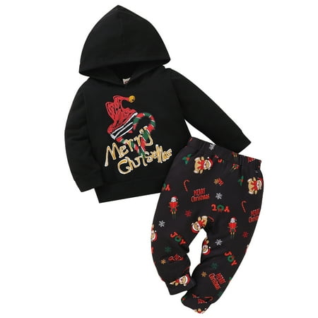 

Toddler Baby Kids Girls Boys Christmas Print Hooded Pullover Tops Pants Trousers Set Outfits For 6-12 Months