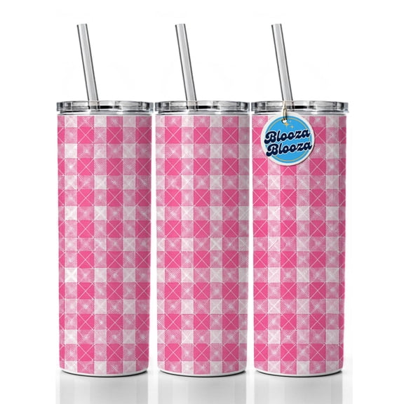 Pink White Gingham Watercolor 20oz Insulated Water Bottle Skinny Tumbler Includes Straw